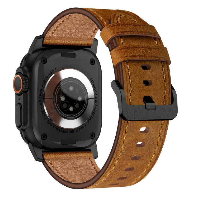 For Apple Watch Ultra 49mm Wilderness Top-grain Leather Watch Band(Black Connector Red Brown) - Watch Bands by PMC TechLife | Online Shopping South Africa | PMC TechLife | Buy Now Pay Later Mobicred