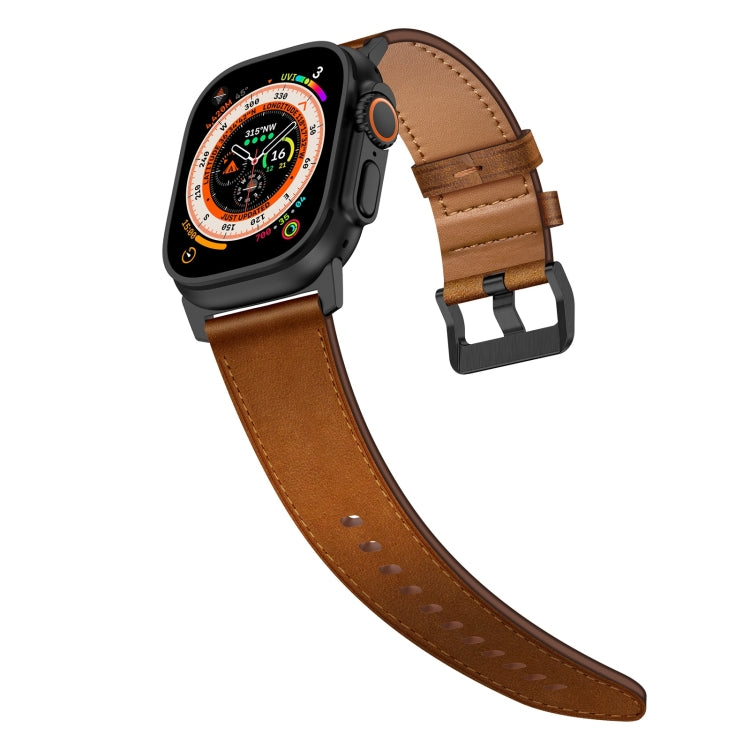 For Apple Watch Ultra 49mm Wilderness Top-grain Leather Watch Band(Black Connector Red Brown) - Watch Bands by PMC TechLife | Online Shopping South Africa | PMC TechLife | Buy Now Pay Later Mobicred