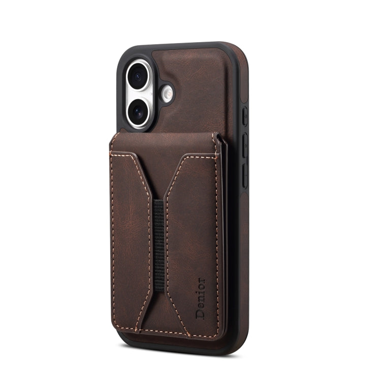 For iPhone 16 Denior D18 Skin Feel Rotating Holder MagSafe Detachable Card Slot Phone Case(Brown) - iPhone 16 Cases by Denior | Online Shopping South Africa | PMC TechLife | Buy Now Pay Later Mobicred