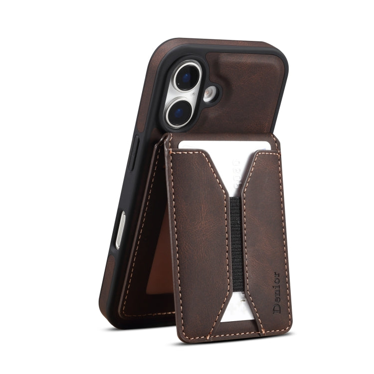 For iPhone 16 Denior D18 Skin Feel Rotating Holder MagSafe Detachable Card Slot Phone Case(Brown) - iPhone 16 Cases by Denior | Online Shopping South Africa | PMC TechLife | Buy Now Pay Later Mobicred