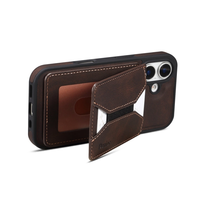 For iPhone 16 Denior D18 Skin Feel Rotating Holder MagSafe Detachable Card Slot Phone Case(Brown) - iPhone 16 Cases by Denior | Online Shopping South Africa | PMC TechLife | Buy Now Pay Later Mobicred