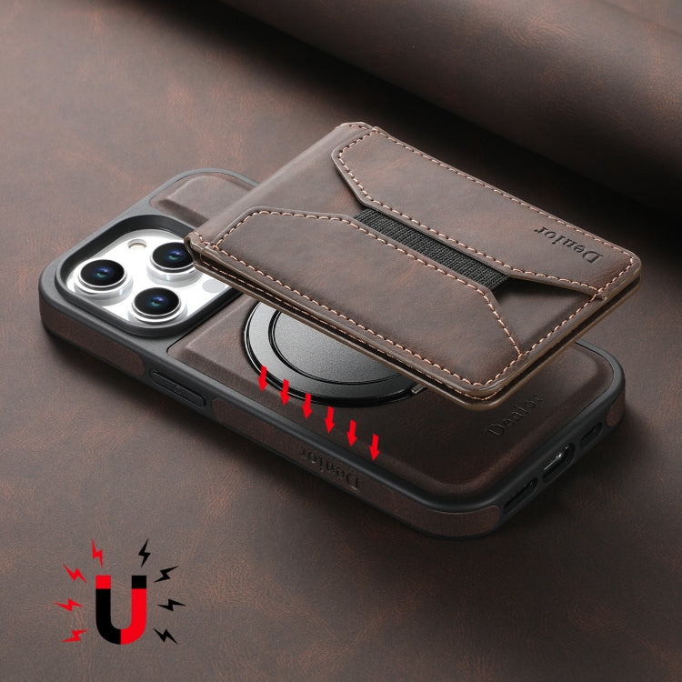 For iPhone 16 Pro Denior D18 Skin Feel Rotating Holder MagSafe Detachable Card Slot Phone Case(Brown) - iPhone 16 Pro Cases by Denior | Online Shopping South Africa | PMC TechLife | Buy Now Pay Later Mobicred