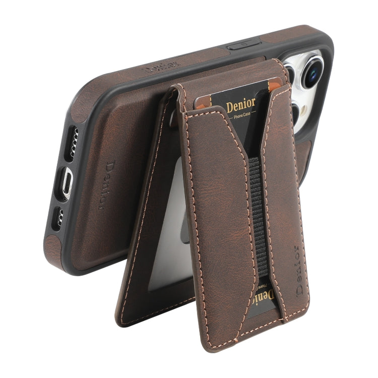 For iPhone 16 Pro Denior D18 Skin Feel Rotating Holder MagSafe Detachable Card Slot Phone Case(Brown) - iPhone 16 Pro Cases by Denior | Online Shopping South Africa | PMC TechLife | Buy Now Pay Later Mobicred