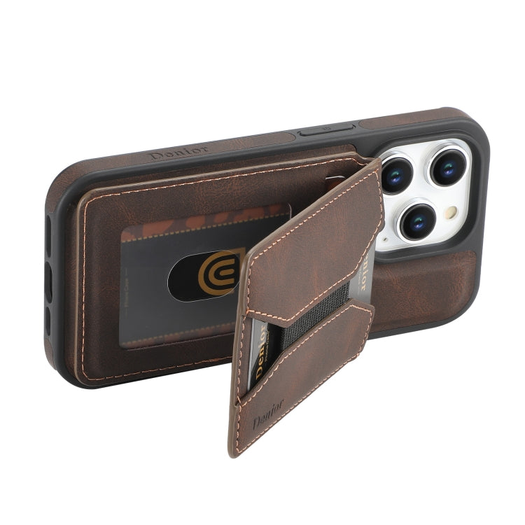 For iPhone 16 Pro Denior D18 Skin Feel Rotating Holder MagSafe Detachable Card Slot Phone Case(Brown) - iPhone 16 Pro Cases by Denior | Online Shopping South Africa | PMC TechLife | Buy Now Pay Later Mobicred