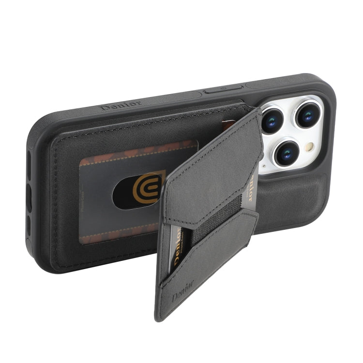 For iPhone 16 Pro Max Denior D18 Skin Feel Rotating Holder MagSafe Detachable Card Slot Phone Case(Black) - iPhone 16 Pro Max Cases by Denior | Online Shopping South Africa | PMC TechLife | Buy Now Pay Later Mobicred
