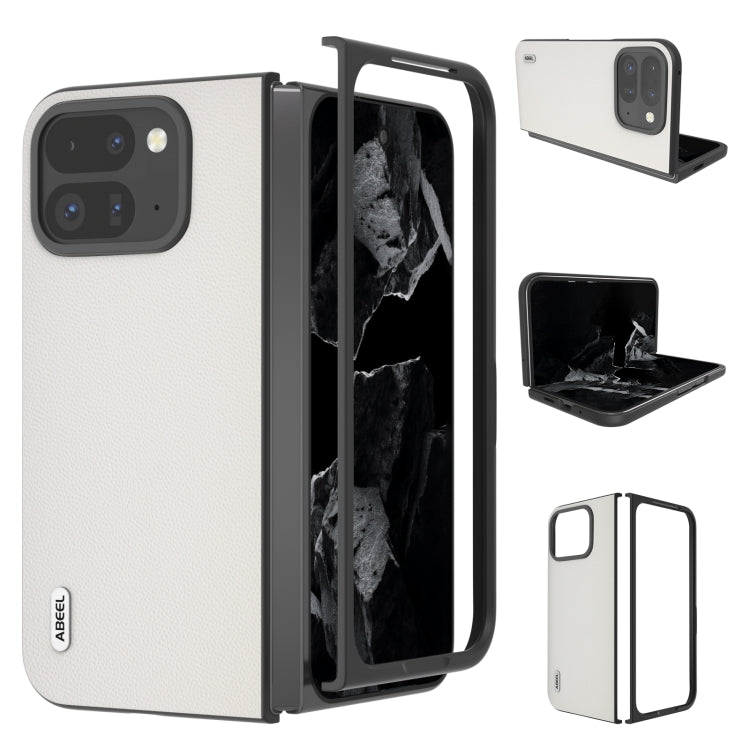 For Google Pixel 9 Pro Fold ABEEL Genuine Leather Elegant Black Edge Phone Case(White) - Google Cases by PMC TechLife | Online Shopping South Africa | PMC TechLife | Buy Now Pay Later Mobicred