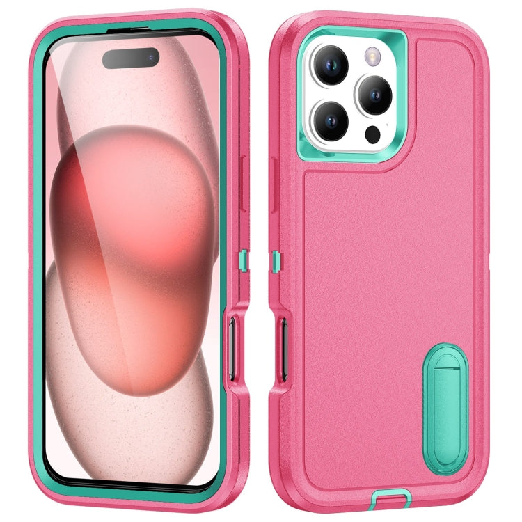 For iPhone 16 Pro Max Rugged PC + Silicone Phone Case with Holder(Rose Red+Light Green) - iPhone 16 Pro Max Cases by PMC TechLife | Online Shopping South Africa | PMC TechLife | Buy Now Pay Later Mobicred