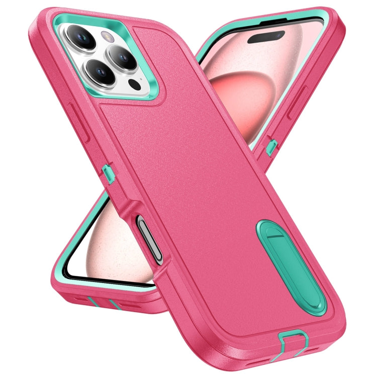 For iPhone 16 Pro Max Rugged PC + Silicone Phone Case with Holder(Rose Red+Light Green) - iPhone 16 Pro Max Cases by PMC TechLife | Online Shopping South Africa | PMC TechLife | Buy Now Pay Later Mobicred