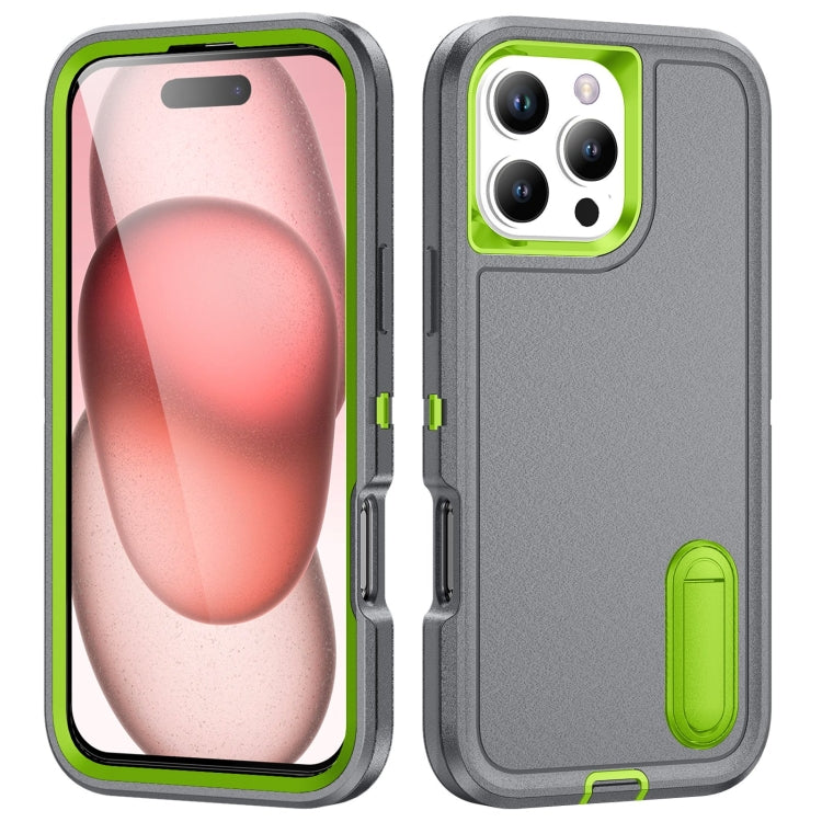 For iPhone 16 Pro Rugged PC + Silicone Phone Case with Holder(Grey+Fresh Green) - iPhone 16 Pro Cases by PMC TechLife | Online Shopping South Africa | PMC TechLife | Buy Now Pay Later Mobicred