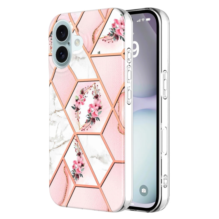 For iPhone 16 Plus Splicing Marble Flower IMD TPU Phone Case(Pink Flower) - iPhone 16 Plus Cases by PMC TechLife | Online Shopping South Africa | PMC TechLife | Buy Now Pay Later Mobicred