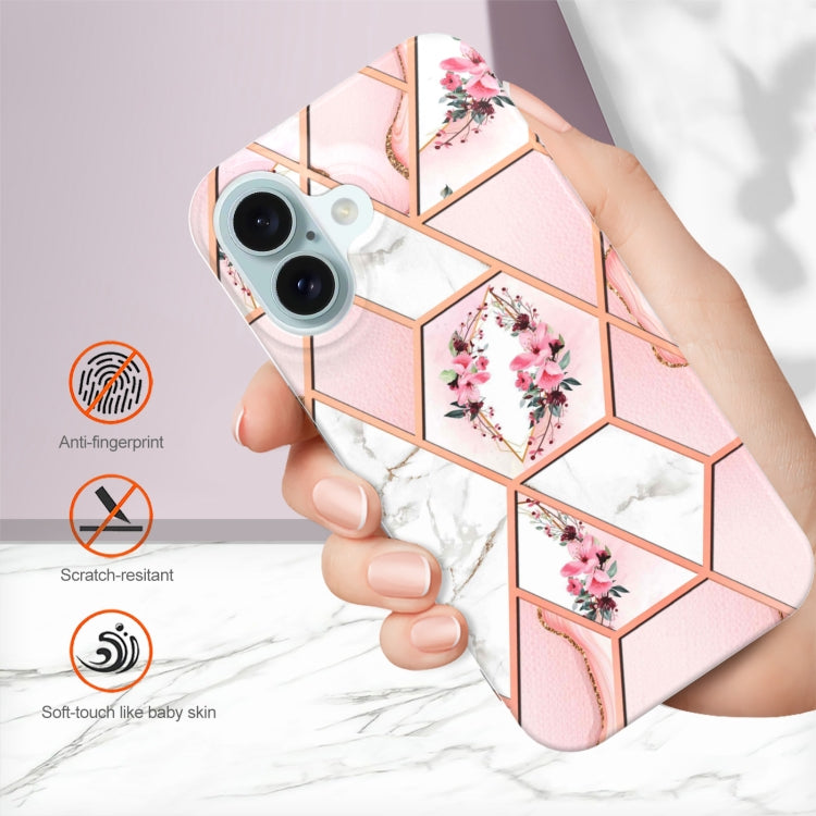 For iPhone 16 Plus Splicing Marble Flower IMD TPU Phone Case(Pink Flower) - iPhone 16 Plus Cases by PMC TechLife | Online Shopping South Africa | PMC TechLife | Buy Now Pay Later Mobicred