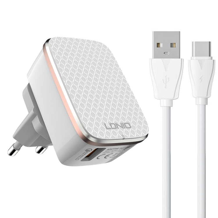 LDNIO A1204Q QC3.0 18W USB Fast Charger with 1m USB to USB-C / Type-C Cable, Plug Type:EU Plug(White Gold) - USB Charger by LDNIO | Online Shopping South Africa | PMC TechLife | Buy Now Pay Later Mobicred
