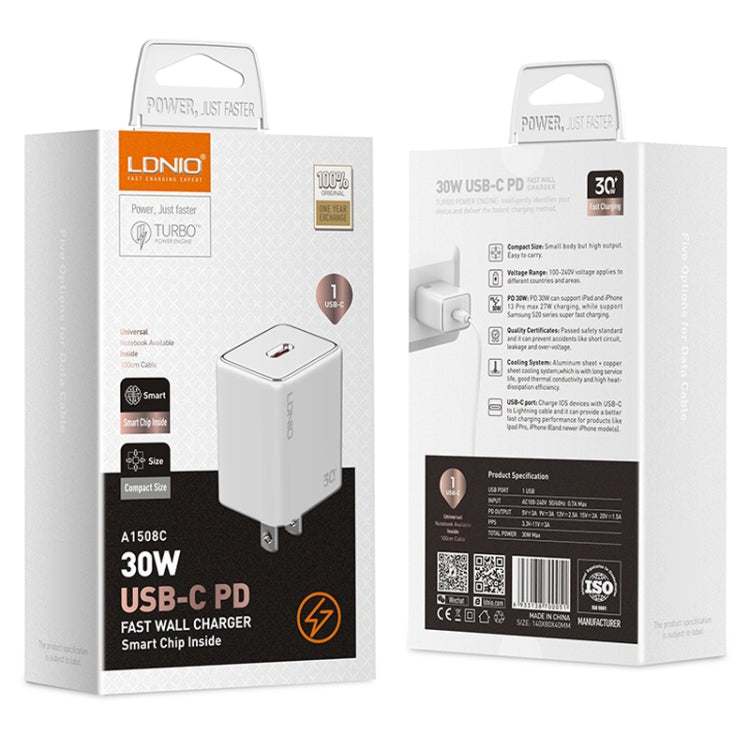 LDNIO A1508C PD30W USB-C / Type-C Fast Charger with 1m Type-C Cable(White) - USB Charger by LDNIO | Online Shopping South Africa | PMC TechLife | Buy Now Pay Later Mobicred
