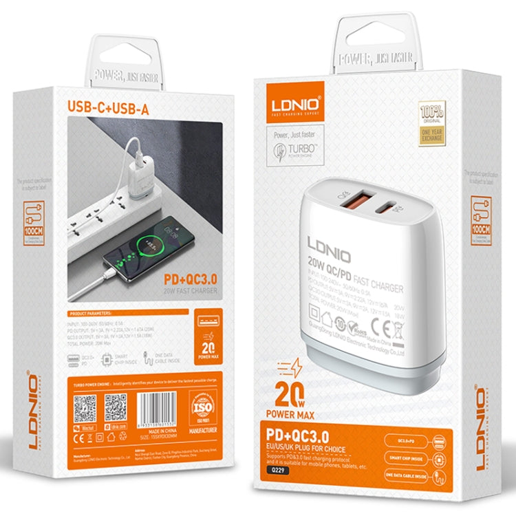 LDNIO Q229 QC3.0 / PD20W USB + Type-C Fast Charger with 1m USB to Micro USB Cable, Plug Type:EU Plug(White) - free shipping - PMC TechLife - Order now!