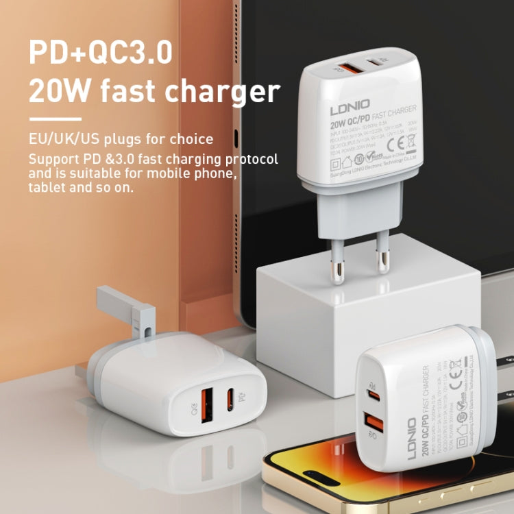 LDNIO Q229 QC3.0 / PD20W USB + Type-C Fast Charger with 1m Type-C to 8 Pin Cable, Plug Type:EU Plug(White) - free shipping - PMC Jewellery - Order now!