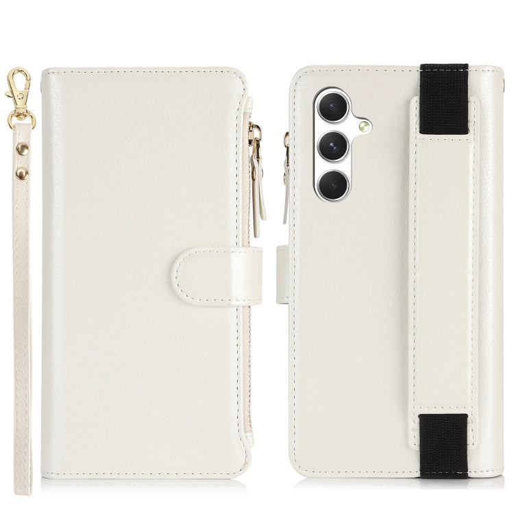 For Samsung Galaxy S24 5G Wristband Holder Zipper Purse RFID Leather Phone Case(White) - free shipping - PMC Jewellery - Order now!