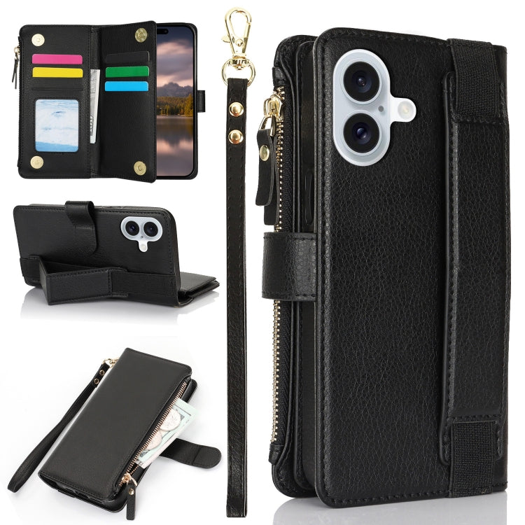For iPhone 16 Wristband Holder Zipper Purse RFID Leather Phone Case(Black) - iPhone 16 Cases by PMC TechLife | Online Shopping South Africa | PMC TechLife | Buy Now Pay Later Mobicred