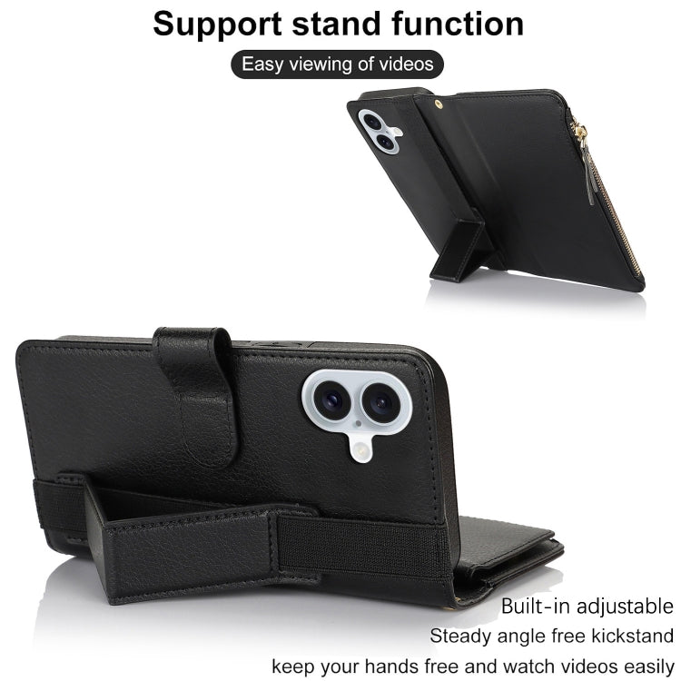 For iPhone 16 Wristband Holder Zipper Purse RFID Leather Phone Case(Black) - iPhone 16 Cases by PMC TechLife | Online Shopping South Africa | PMC TechLife | Buy Now Pay Later Mobicred