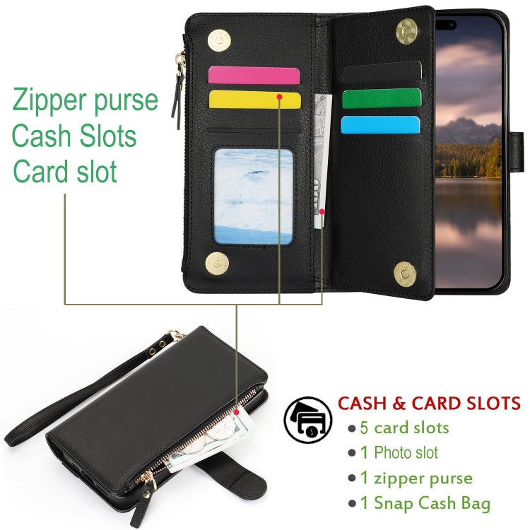 For iPhone 16 Wristband Holder Zipper Purse RFID Leather Phone Case(Black) - iPhone 16 Cases by PMC TechLife | Online Shopping South Africa | PMC TechLife | Buy Now Pay Later Mobicred