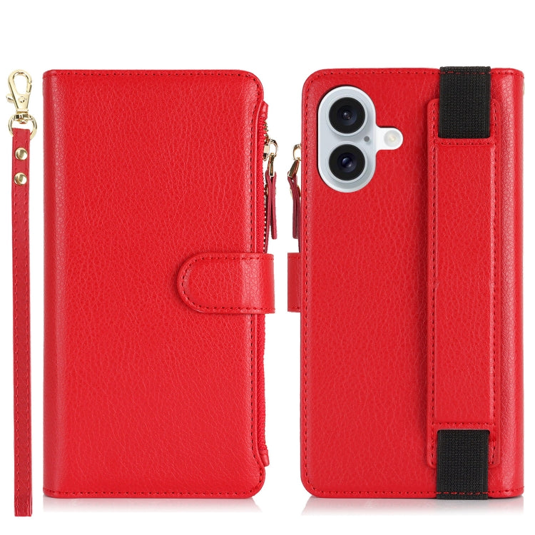 For iPhone 16 Plus Wristband Holder Zipper Purse RFID Leather Phone Case(Red) - free shipping - PMC Jewellery - Order now!