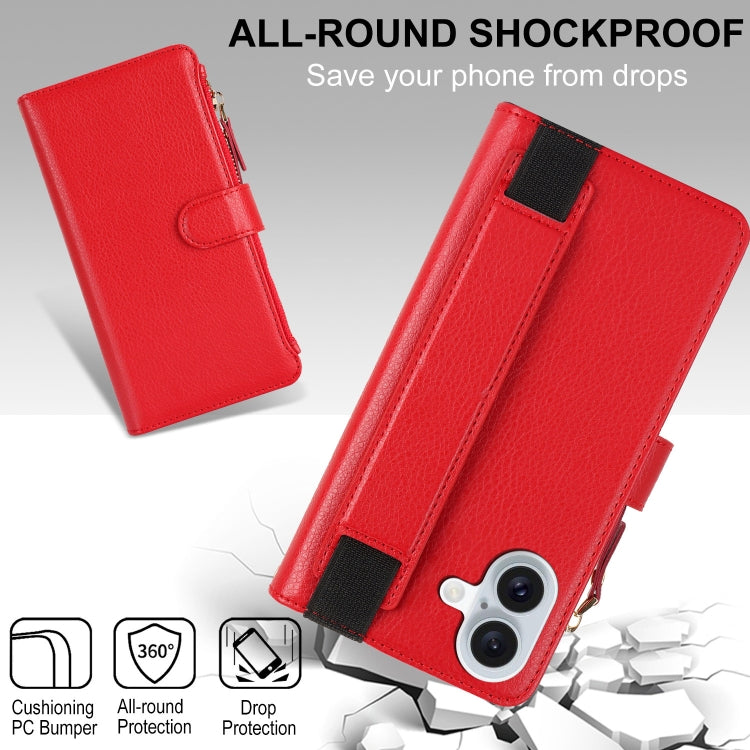 For iPhone 16 Plus Wristband Holder Zipper Purse RFID Leather Phone Case(Red) - free shipping - PMC Jewellery - Order now!