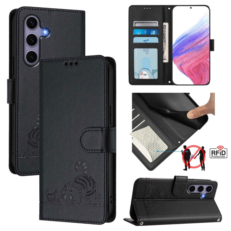 For Samsung Galaxy S25 5G Cat Rat Embossed RFID Leather Phone Case with Lanyard(Black) - Galaxy S25 5G Cases by PMC TechLife | Online Shopping South Africa | PMC TechLife | Buy Now Pay Later Mobicred
