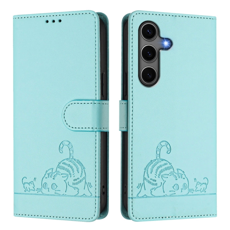 For Samsung Galaxy S25+ 5G Cat Rat Embossed RFID Leather Phone Case with Lanyard(Mint Green) - Galaxy S25+ 5G Cases by PMC TechLife | Online Shopping South Africa | PMC TechLife | Buy Now Pay Later Mobicred