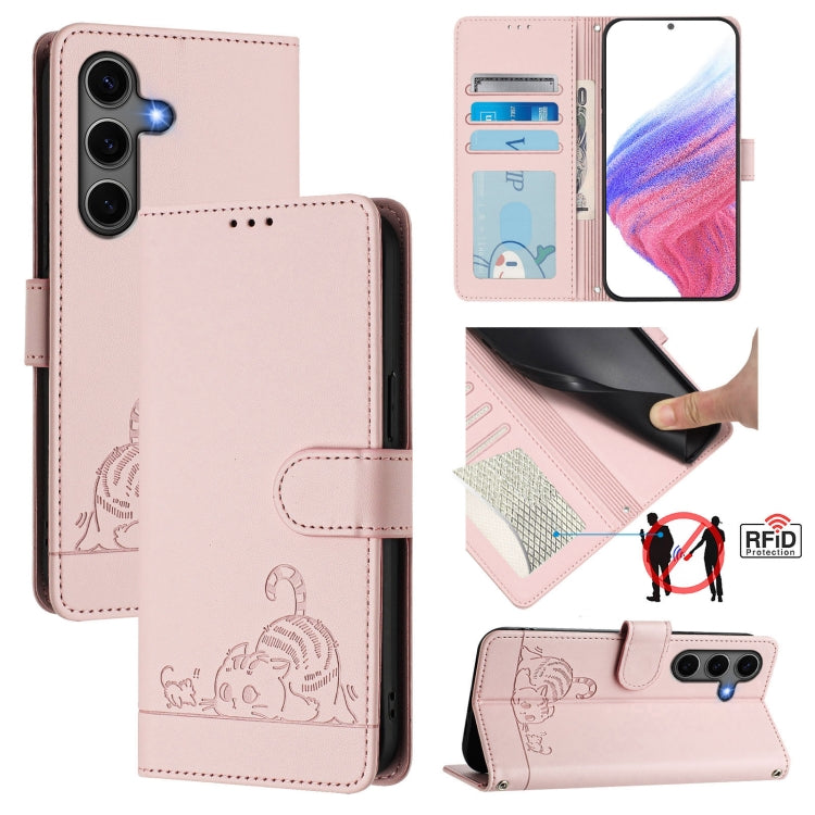 For Samsung Galaxy S25+ 5G Cat Rat Embossed RFID Leather Phone Case with Lanyard(Pink) - Galaxy S25+ 5G Cases by PMC TechLife | Online Shopping South Africa | PMC TechLife | Buy Now Pay Later Mobicred