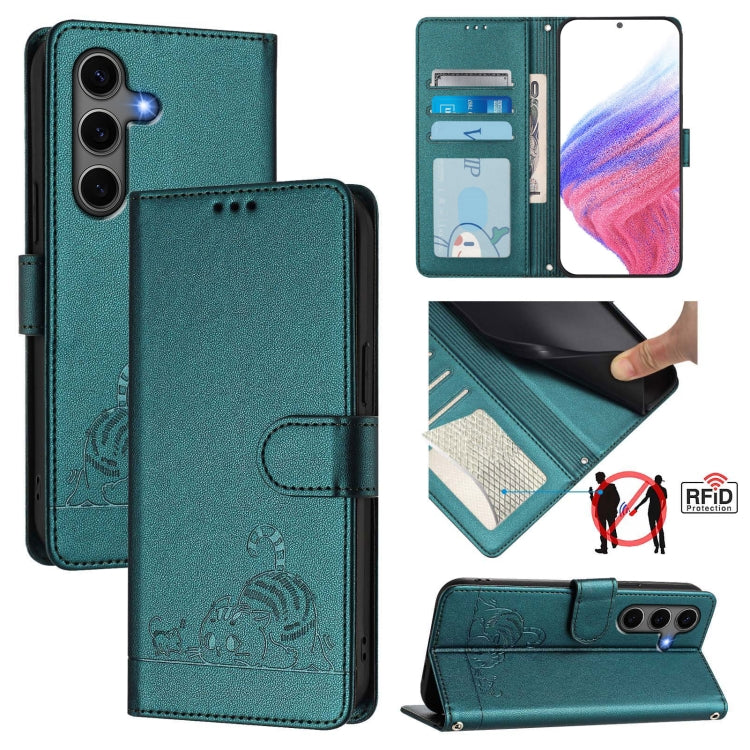 For Samsung Galaxy S25+ 5G Cat Rat Embossed RFID Leather Phone Case with Lanyard(Peacock Green) - free shipping - PMC TechLife - Order now!
