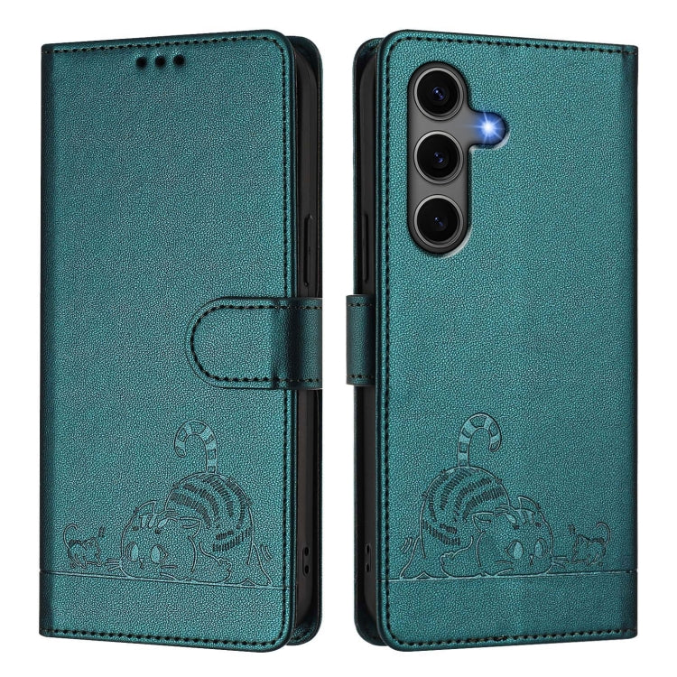 For Samsung Galaxy S25+ 5G Cat Rat Embossed RFID Leather Phone Case with Lanyard(Peacock Green) - free shipping - PMC TechLife - Order now!
