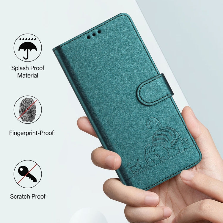 For Samsung Galaxy S25+ 5G Cat Rat Embossed RFID Leather Phone Case with Lanyard(Peacock Green) - free shipping - PMC TechLife - Order now!