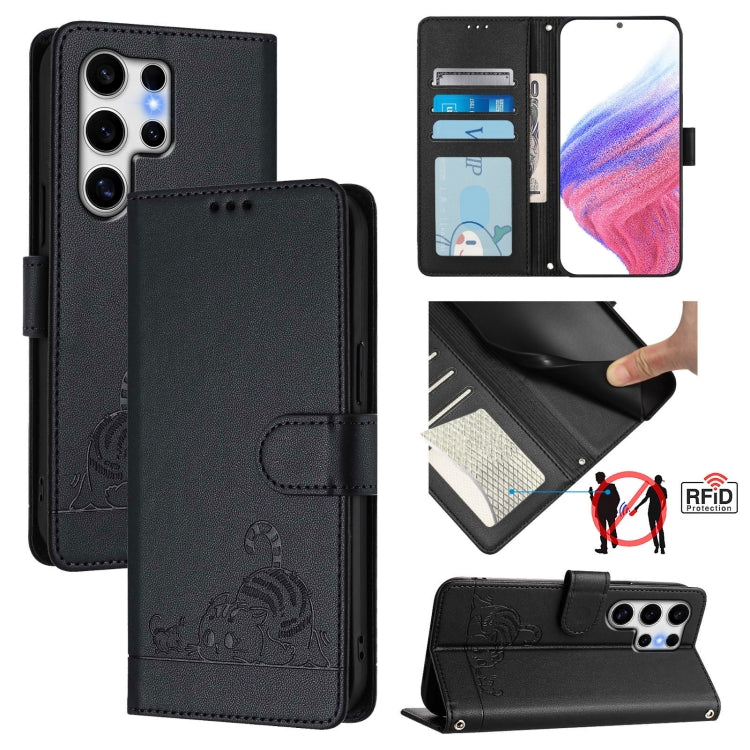 For Samsung Galaxy S25 Ultra 5G Cat Rat Embossed RFID Leather Phone Case with Lanyard(Black) - Galaxy S25 Ultra 5G Cases by PMC TechLife | Online Shopping South Africa | PMC TechLife | Buy Now Pay Later Mobicred