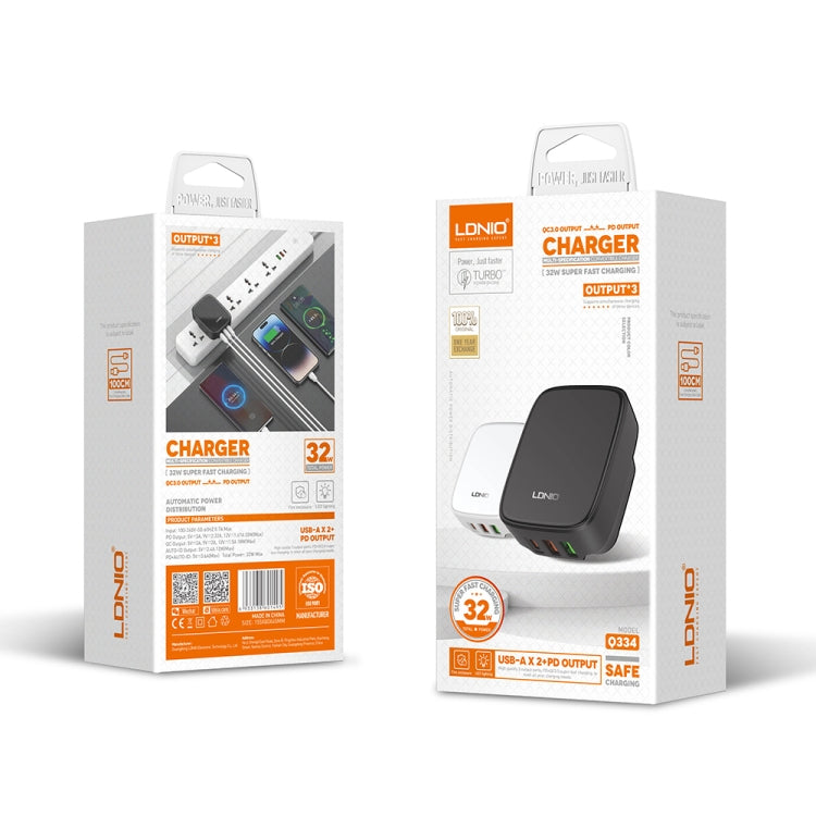 LDNIO Q334 32W Type-C + Dual USB Port Charger with 1m USB-C / Type-C to USB-C / Type-C Data Cable, Plug Type:US Plug(Black) - free shipping - PMC Jewellery - Order now!