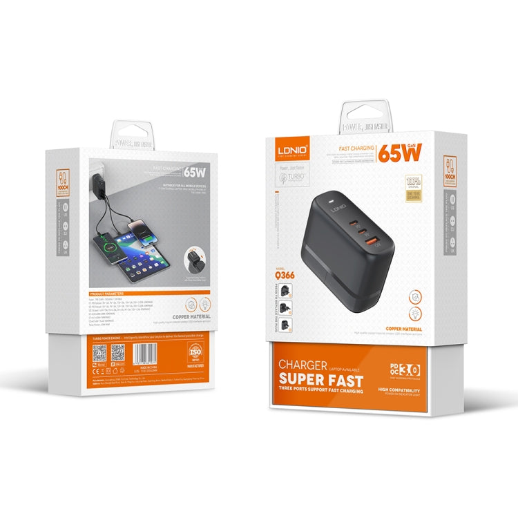 LDNIO Q366 65W USB + Dual Type-C Port Charger with 1m USB-C / Type-C to USB-C / Type-C Data Cable, Plug Type:US Plug(Black) - free shipping - PMC Jewellery - Order now!