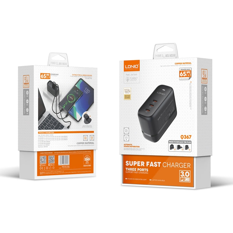 LDNIO Q367 65W GaN 3 x USB-C / Type-C Interface Charger with 1m USB-C / Type-C to USB-C / Type-C Data Cable, Plug Type:US Plug(Black) - free shipping - PMC Jewellery - Order now!