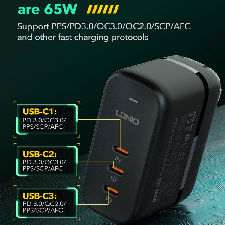 LDNIO Q367 65W GaN 3 x USB-C / Type-C Interface Charger with 1m USB-C / Type-C to USB-C / Type-C Data Cable, Plug Type:US Plug(Black) - free shipping - PMC Jewellery - Order now!