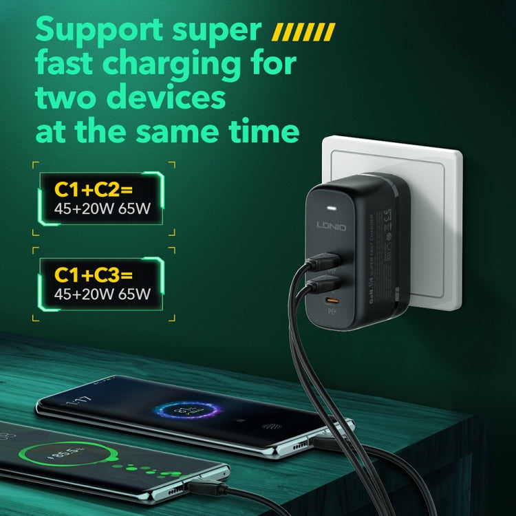 LDNIO Q367 65W GaN 3 x USB-C / Type-C Interface Charger with 1m USB-C / Type-C to USB-C / Type-C Data Cable, Plug Type:US Plug(Black) - free shipping - PMC Jewellery - Order now!