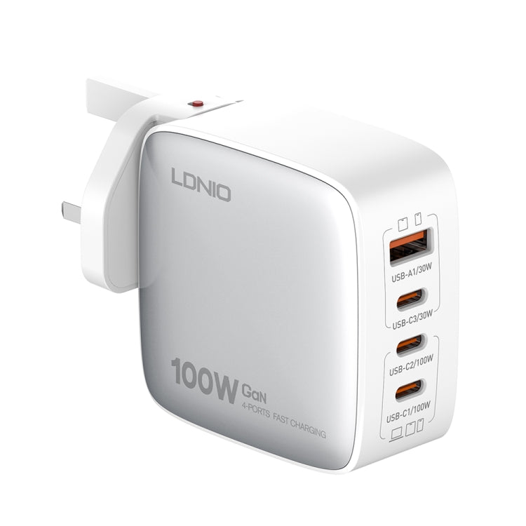 LDNIO Q408 100W GaN USB+3 USB-C / Type-C Interface Charger with 1m 100W USB-C / Type-C to USB-C / Type-C Data Cable, Plug Type:UK Plug(White) - free shipping - PMC Jewellery - Order now!
