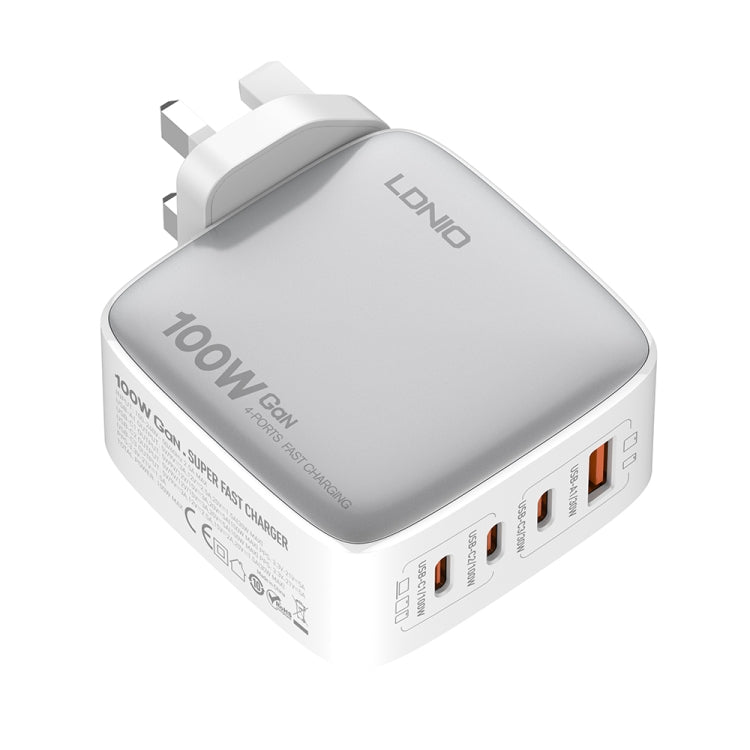 LDNIO Q408 100W GaN USB+3 USB-C / Type-C Interface Charger with 1m 100W USB-C / Type-C to USB-C / Type-C Data Cable, Plug Type:UK Plug(White) - free shipping - PMC Jewellery - Order now!