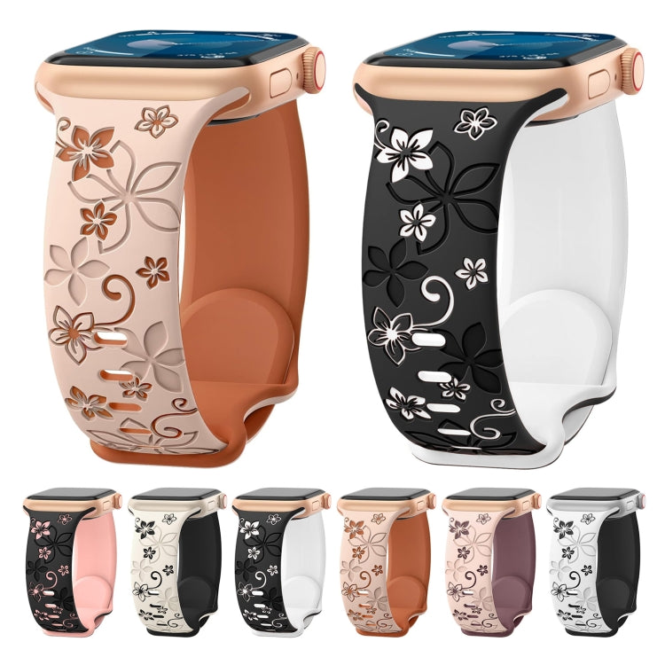 For Apple Watch SE 2023 44mm Bauhinia Two-color Embossed Silicone Watch Band(White Black) - Watch Bands by PMc TechLife | Online Shopping South Africa | PMc TechLife | Buy Now Pay Later Mobicred