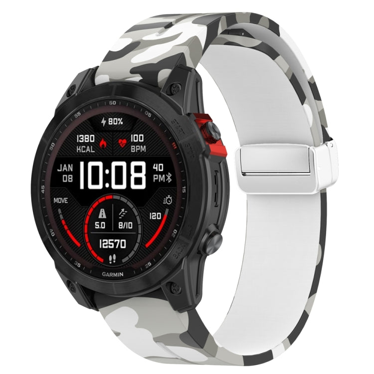 For Garmin Fenix 7 Magnetic Folding Silver Buckle Color Printed Silicone Watch Band(Camouflage White) - free shipping - PMC TechLife - Order now!