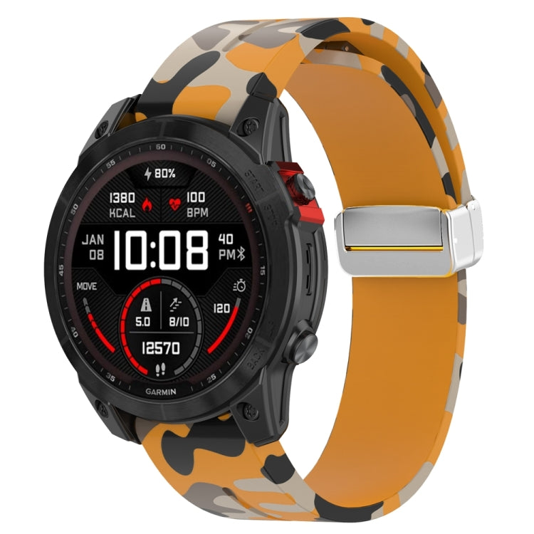 For Garmin Fenix 7 Magnetic Folding Silver Buckle Color Printed Silicone Watch Band(Camouflage Yellow) - free shipping - PMC TechLife - Order now!