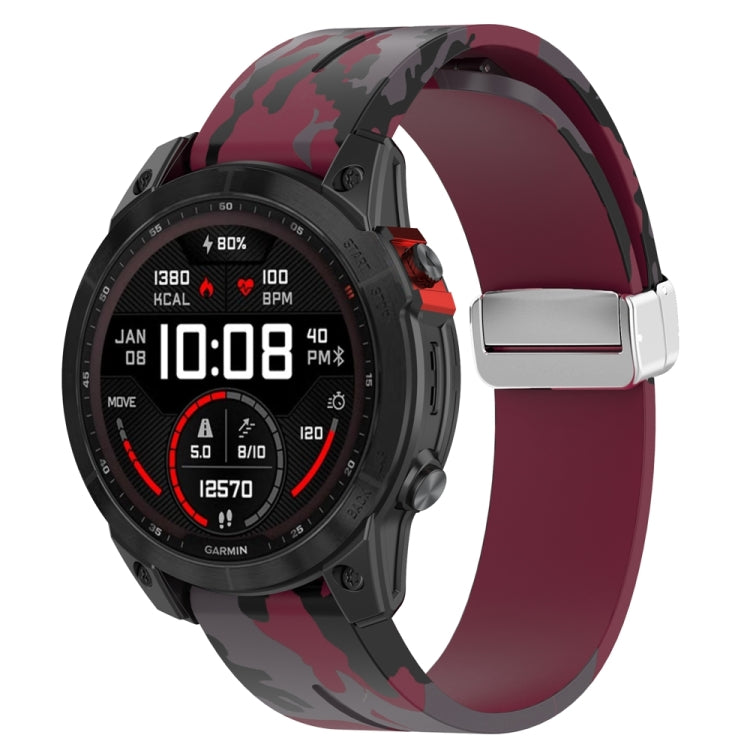 For Garmin Fenix 7X Magnetic Folding Silver Buckle Color Printed Silicone Watch Band(Camouflage Wine Red) - free shipping - PMC TechLife - Order now!