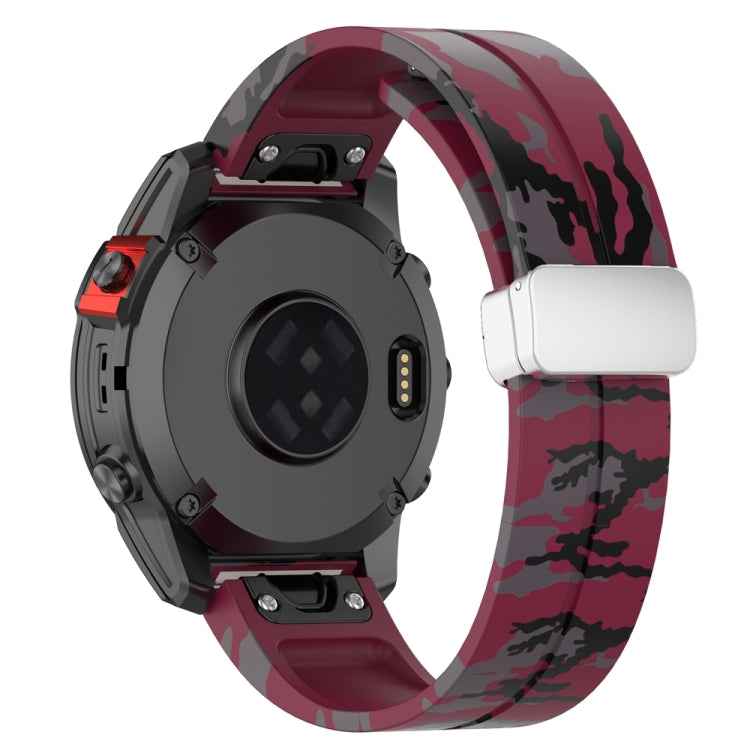 For Garmin Fenix 7X Magnetic Folding Silver Buckle Color Printed Silicone Watch Band(Camouflage Wine Red) - free shipping - PMC TechLife - Order now!