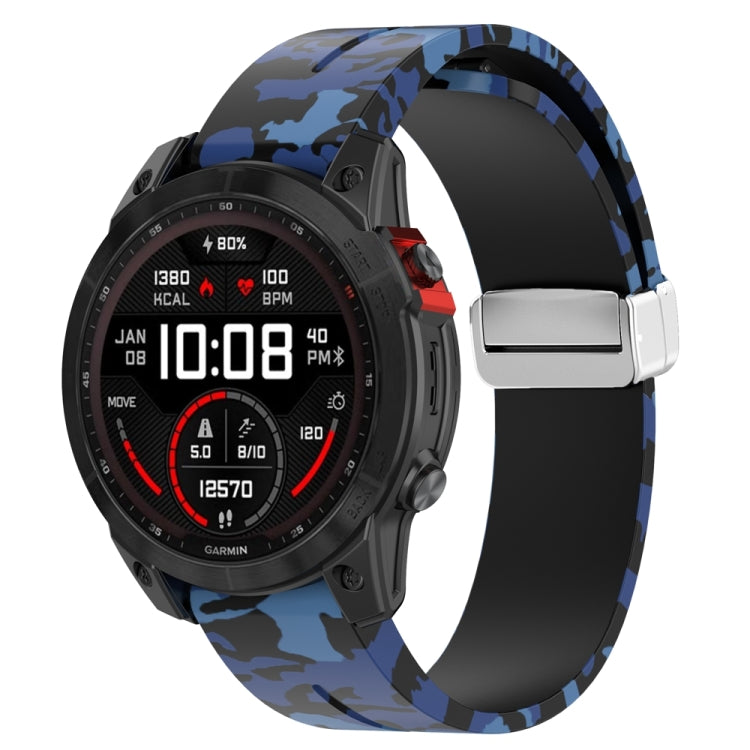For Garmin Fenix 7X Magnetic Folding Silver Buckle Color Printed Silicone Watch Band(Camouflage Blue) - free shipping - PMC TechLife - Order now!