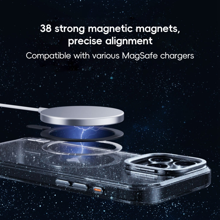 For iPhone 16 Plus Glitter Powder Lens Holder MagSafe Magnetic Phone Case(Transparent Black) - free shipping - PMC Jewellery - Order now!