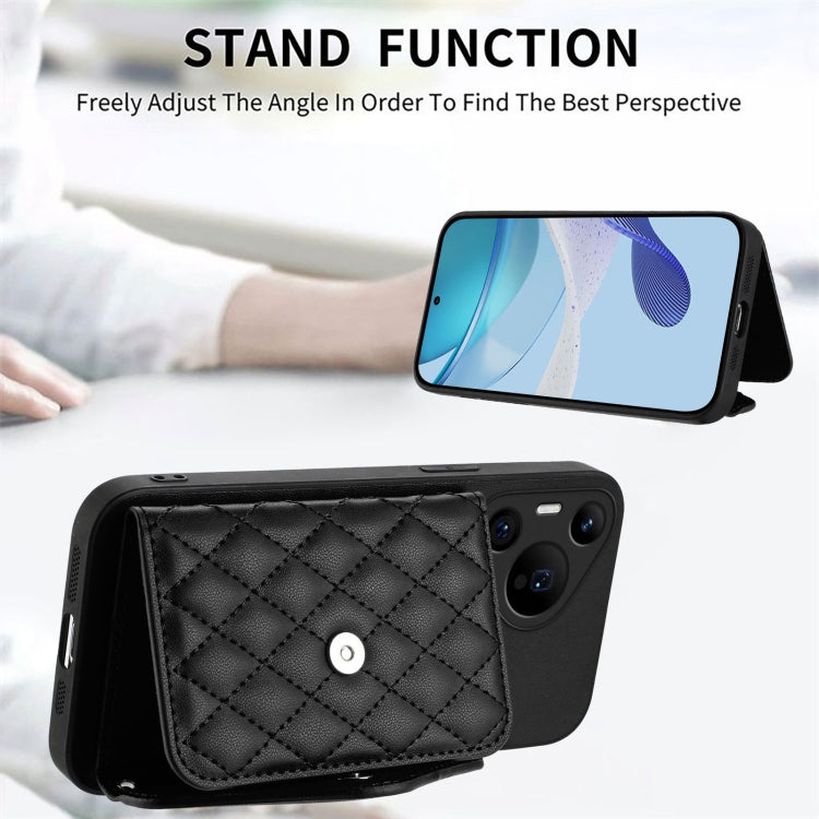 For Huawei Pura 70 Pro / 70 Pro+ Rhombic Texture Card Bag RFID Phone Case with Long Lanyard(Black) - Huawei Cases by PMC Jewellery | Online Shopping South Africa | PMC Jewellery | Buy Now Pay Later Mobicred