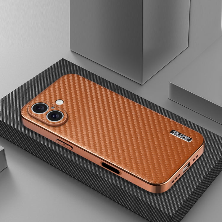 For iPhone 16 Plus AZNS Electroplated Edge Carbon Fiber Texture Phone Case(Brown) - free shipping - PMC Jewellery - Order now!