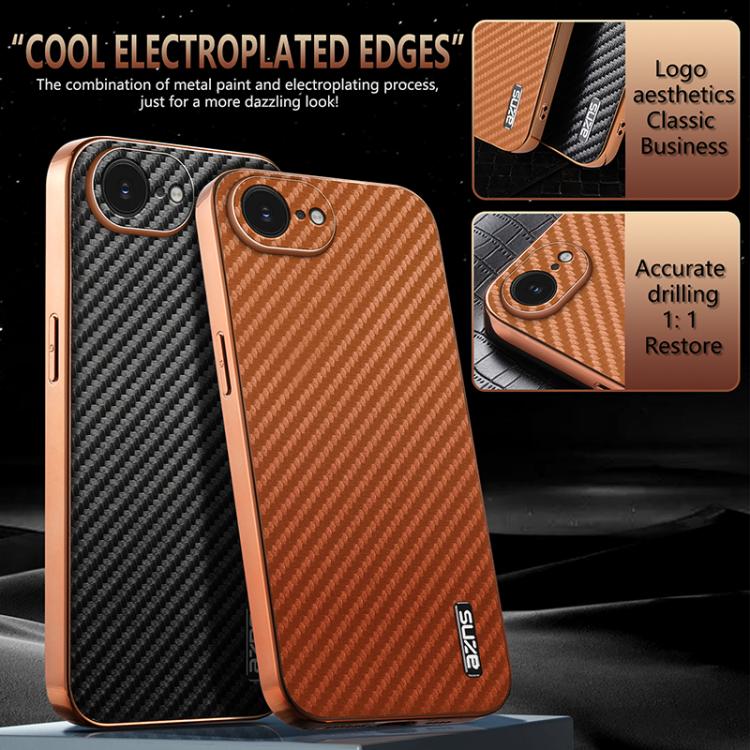 For iPhone 16e AZNS Electroplated Edge Carbon Fiber Texture Phone Case(Brown) - free shipping - PMc TechLife - Order now!