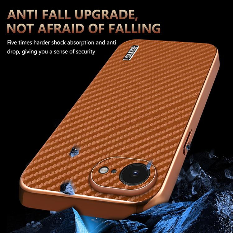 For iPhone 16e AZNS Electroplated Edge Carbon Fiber Texture Phone Case(Brown) - free shipping - PMc TechLife - Order now!
